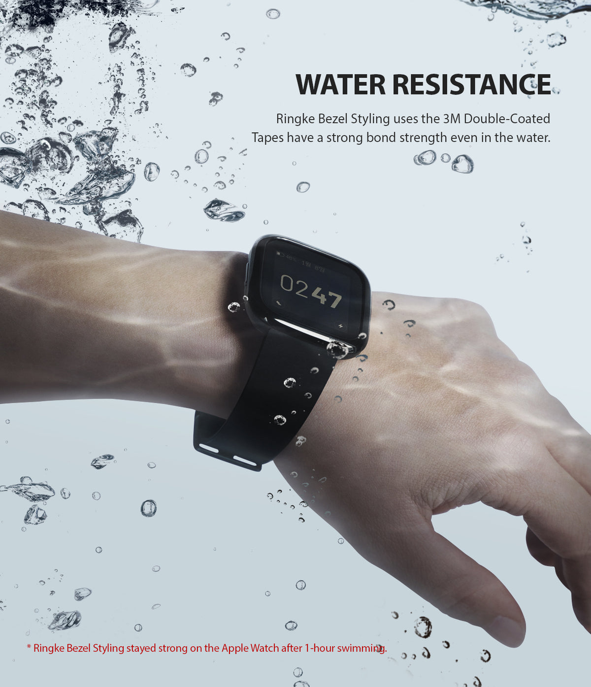 Fitbit Versa 2 | Bezel Styling 01 - Smartwatch with adhesive bezel styling worn underwater with bubbles.