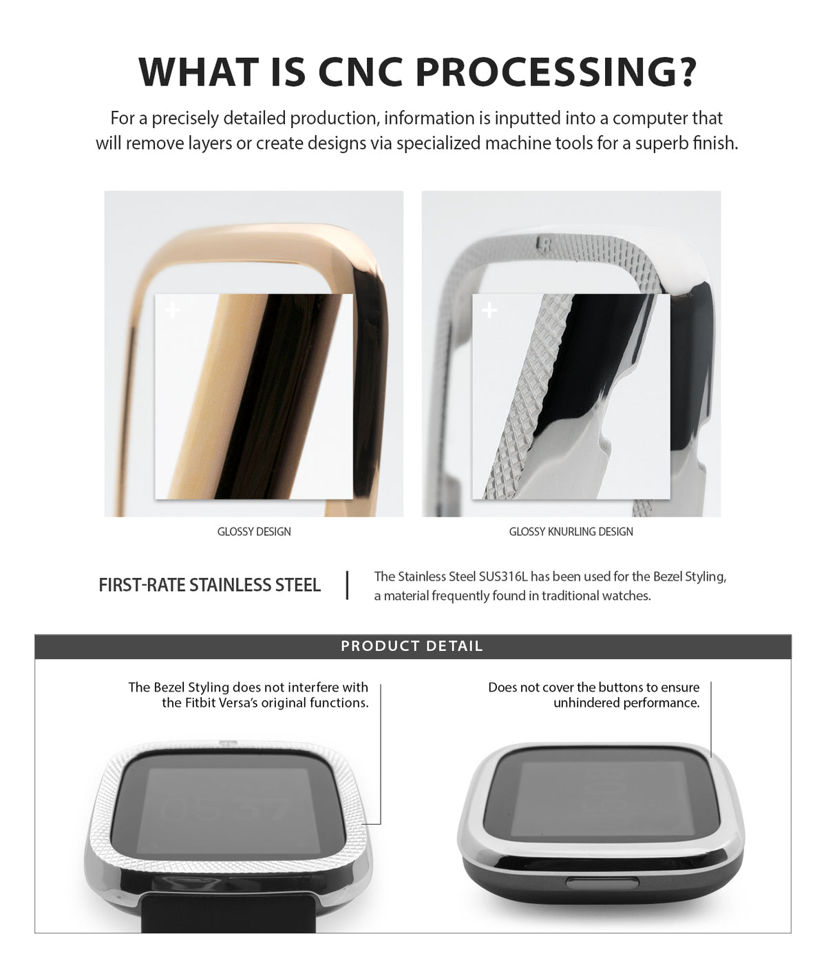 Fitbit Versa 2 | Bezel Styling 01 - Infographic showing CNC-processed stainless steel bezels with glossy and knurled finishes.