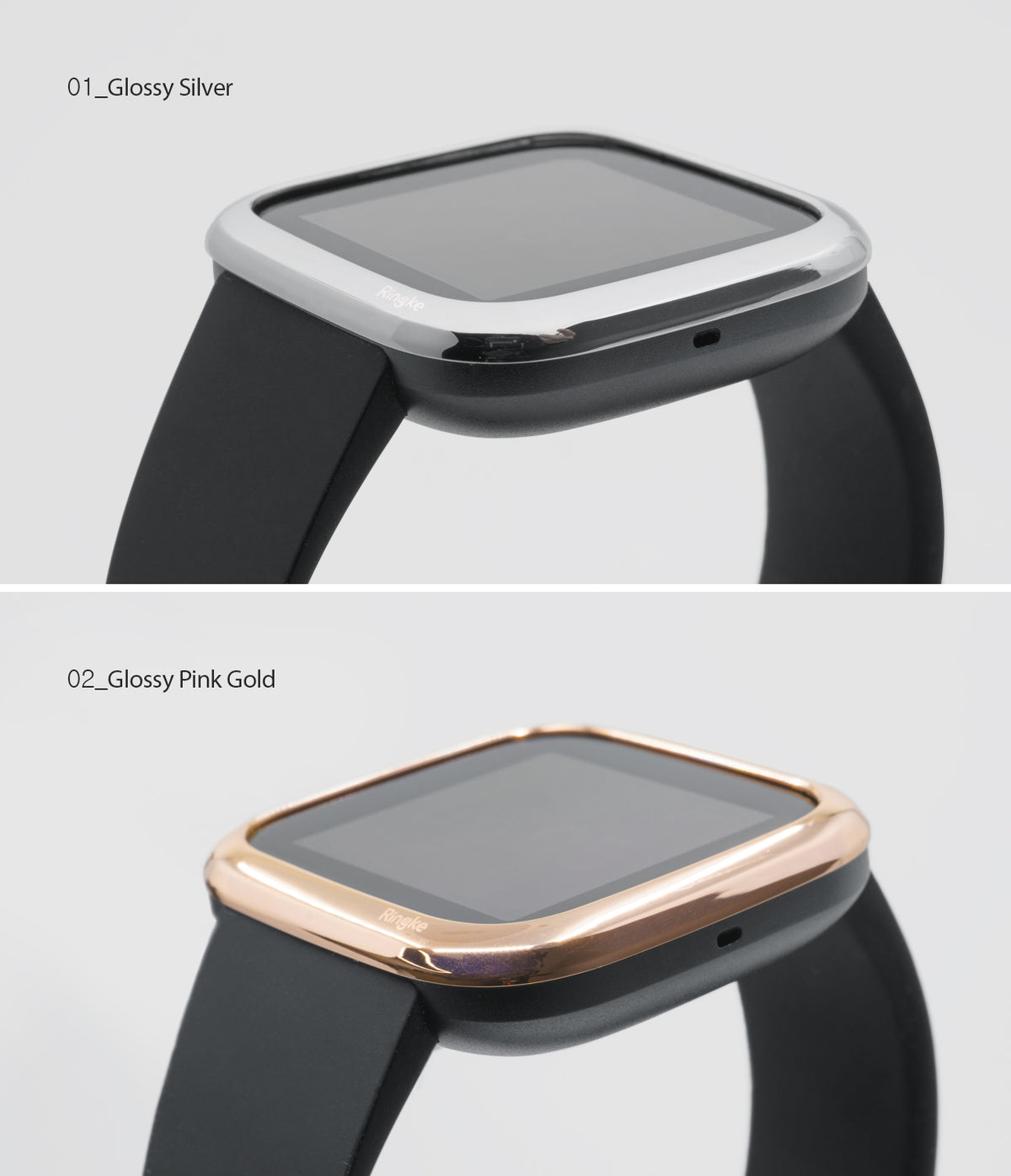 Fitbit Versa 2 | Bezel Styling 01 - Two Fitbit Versa 2 watches featuring glossy silver and pink gold Ringke bezel covers.