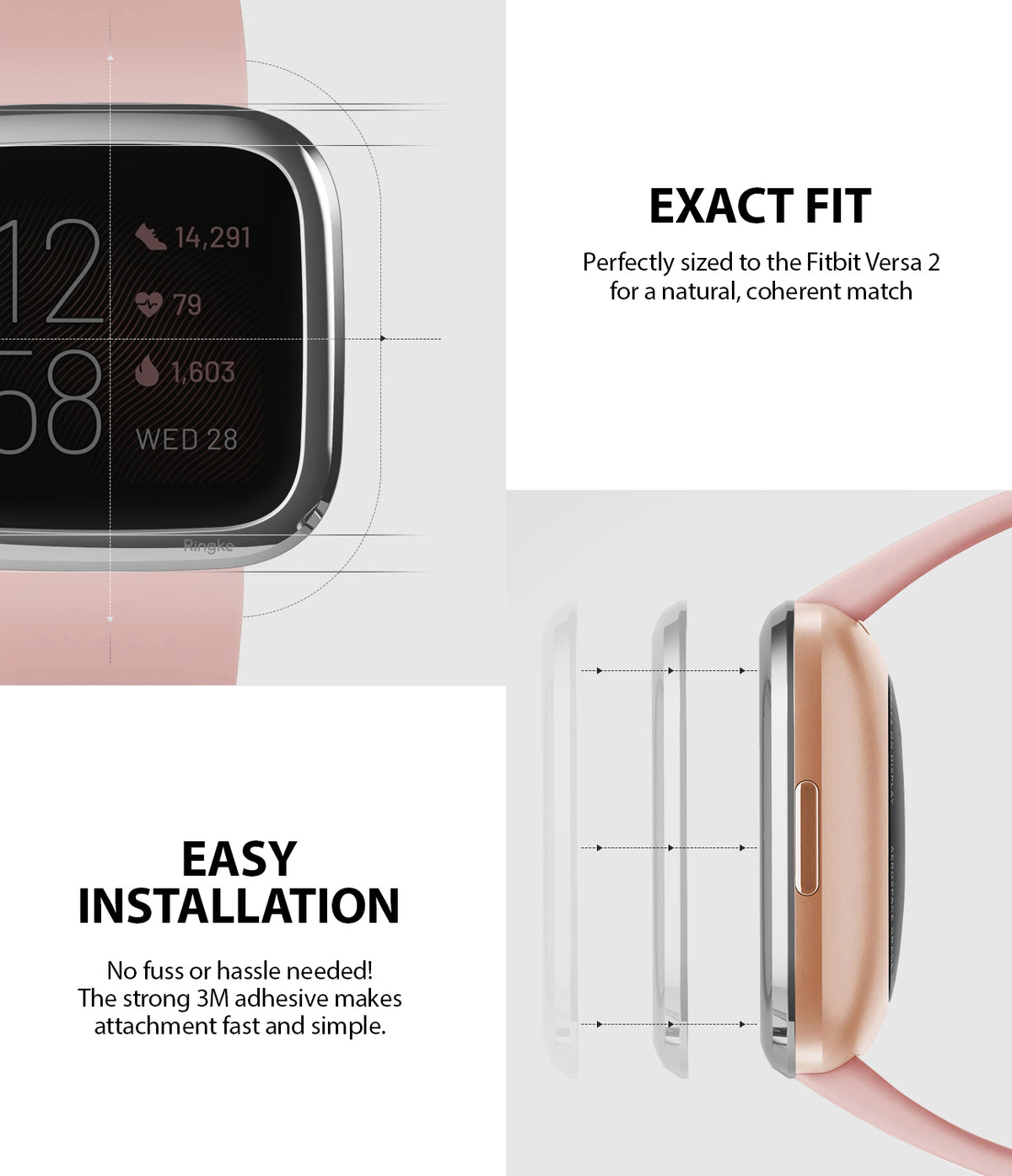 Fitbit Versa 2 | Bezel Styling 01 - Diagrams showing the precise fit and easy adhesive installation of a watch bezel.