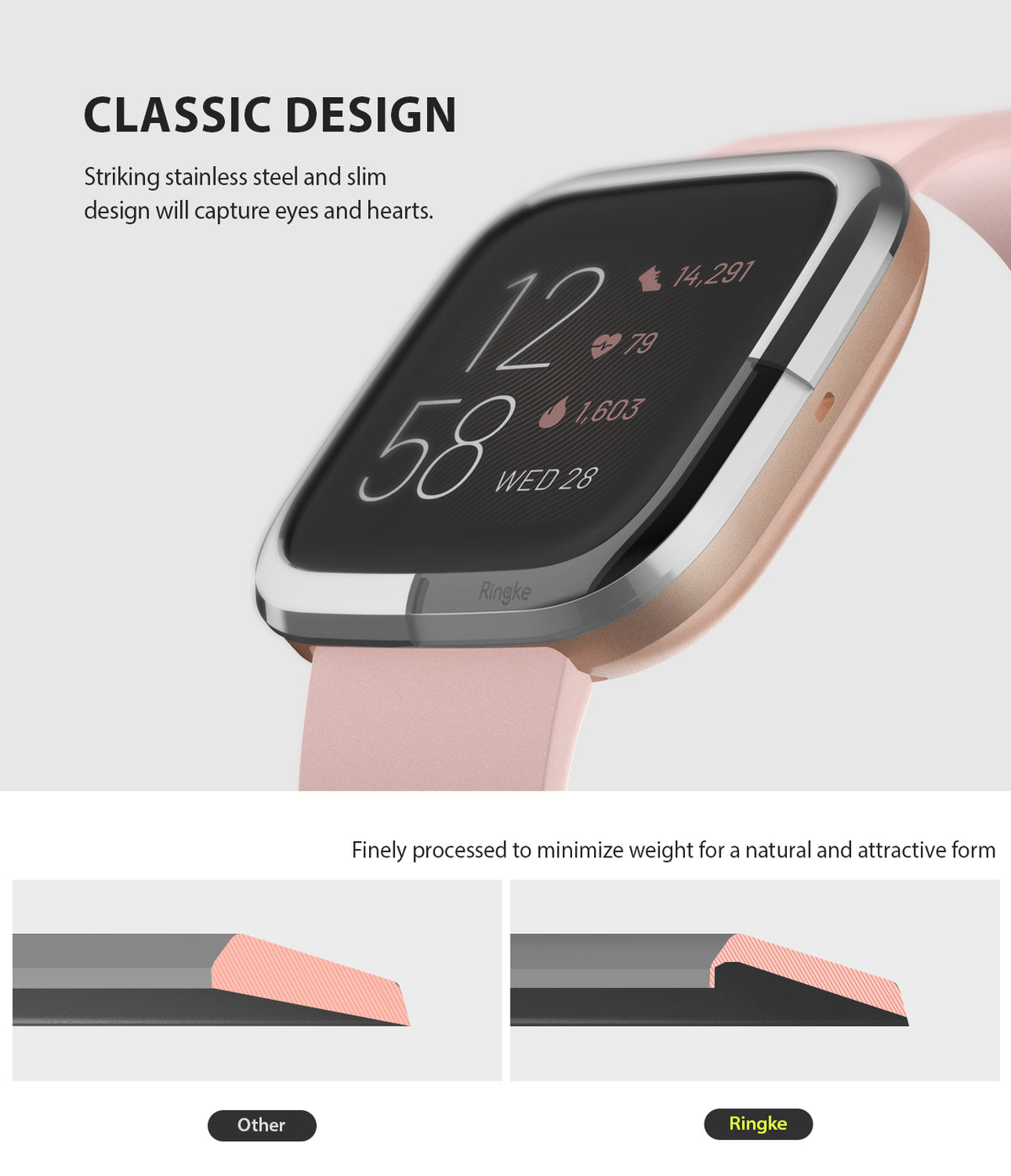 Fitbit Versa 2 | Bezel Styling 01 - Stainless steel bezel accessory on a pink Fitbit Versa 2 with cross-section diagrams.