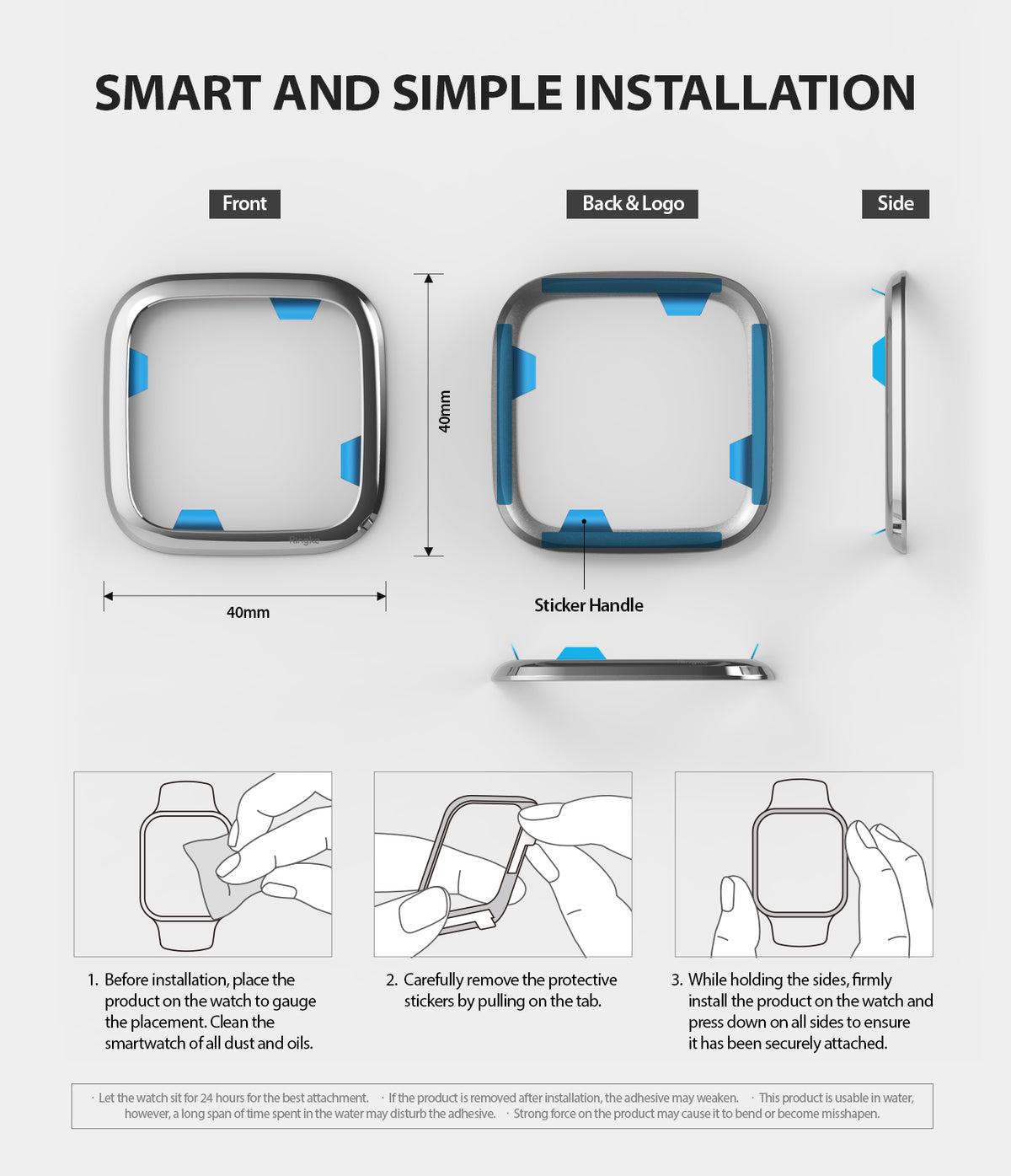 Fitbit Versa 2 | Bezel Styling 01 - Diagrams showing the bezel dimensions and a three-step installation guide for the watch.