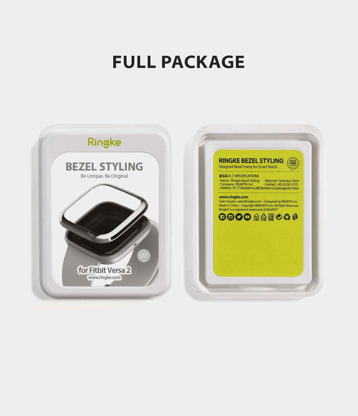 Fitbit Versa 2 | Bezel Styling 01 - Front and back view of Ringke bezel styling packaging for Fitbit Versa 2.