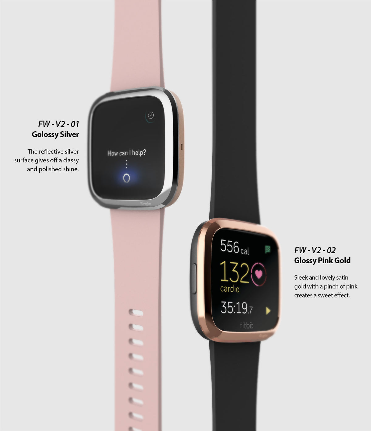 Fitbit Versa 2 | Bezel Styling 01 - Two Fitbit Versa 2 watches with glossy silver and pink gold protective bezels.
