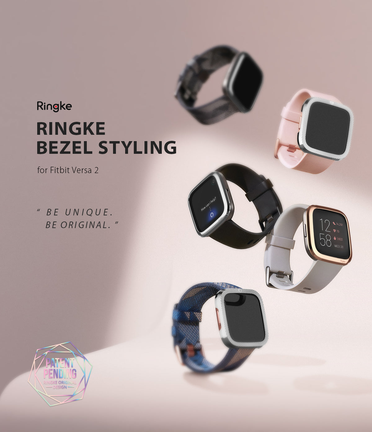 Fitbit Versa 2 | Bezel Styling 01 - Four Fitbit Versa 2 watches with various decorative metal bezels and colorful bands.