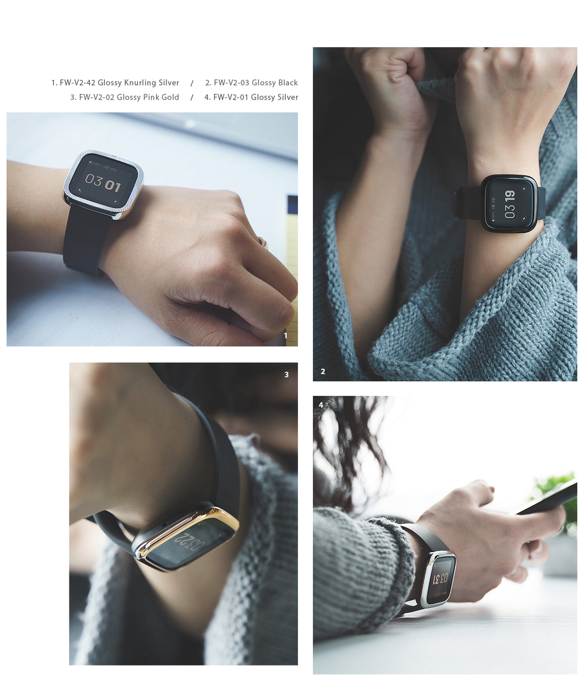 Fitbit Versa 2 | Bezel Styling 01 - Four close-up views of Fitbit Versa 2 watches wearing different metallic bezel covers.