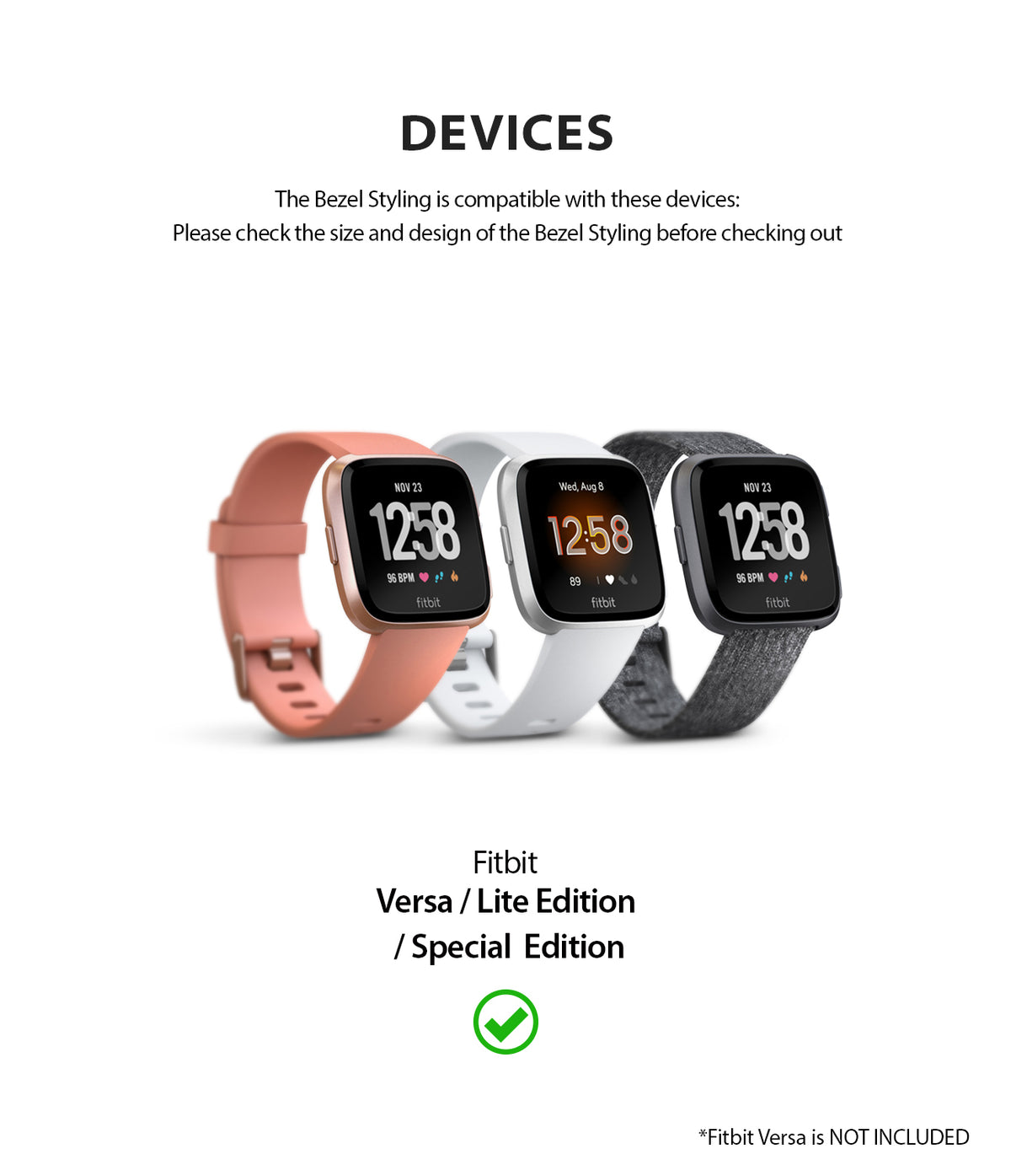 Fitbit Versa | Bezel Styling 01 - Three Fitbit Versa smartwatches in pink, white, and grey displayed side-by-side.