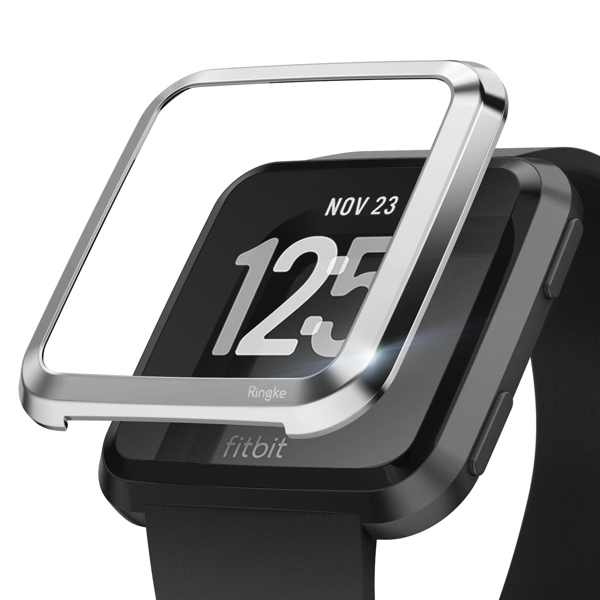 Fitbit Versa | Bezel Styling 01 - A metallic silver bezel accessory hovering above a black Fitbit Versa smartwatch.