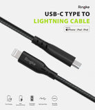 USB Type C to Lightning Cable - Braided cable with USB-C and Lightning connectors, featuring charging and data icons below.