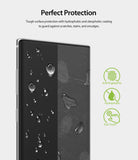 Galaxy Note 10 Screen Protector | Dual Easy Film - Galaxy Note 10 Screen Protector - Smartphone screen with water droplets and icons for anti-fingerprint and hydrophobic features.