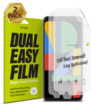 Google Pixel 4 XL Screen Protector | Dual Easy Film - Two transparent screen protectors beside a lime green product box.