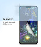 LG V50 ThinQ Screen Protector | Dual Easy Film - LG V50 ThinQ Screen Protector - Smartphone screen with a partially peeled protective film showing easy alignment features.