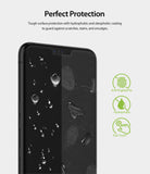 LG V50 ThinQ Screen Protector | Dual Easy Film - LG V50 ThinQ Screen Protector - Smartphone screen with water droplets and icons for anti-fingerprint and hydrophobic features.