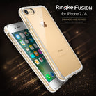 iPhone 8 / 7 Case | Fusion - Clear - Two gold iPhones in clear protective cases against a dark, sparkling background.