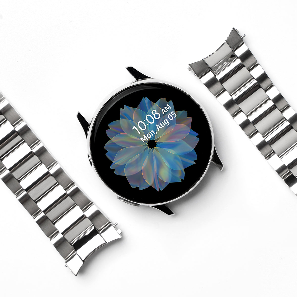 Galaxy Watch Active 2 (40mm) | Metal One Band [Silver] - Silver smartwatch with floral watch face and metal link band.
