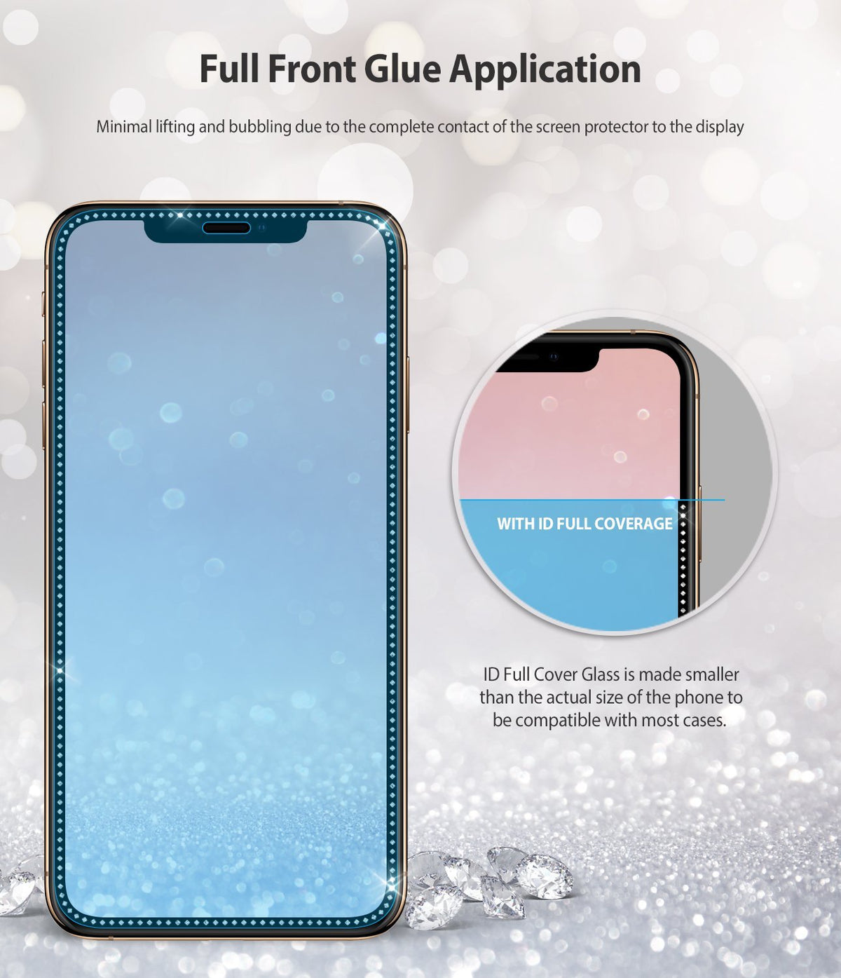 iPhone XS / 11 Pro Screen Protector | Invisible Defender Glass Jewel - iPhone XS / 11 Pro Screen Protector - Smartphone with a diamond-patterned edge screen protector and a zoomed-in detail view.