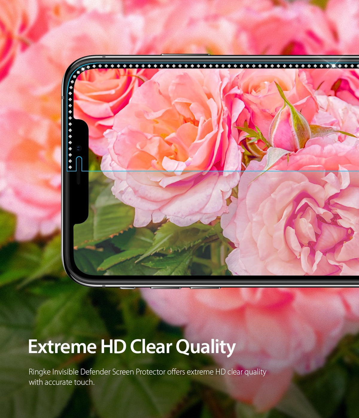 iPhone XS / 11 Pro Screen Protector | Invisible Defender Glass Jewel - iPhone XS / 11 Pro Screen Protector - Close-up of a phone screen protector with a decorative crystal border over pink roses.