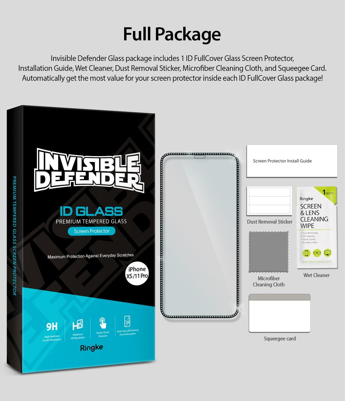 iPhone XS / 11 Pro Screen Protector | Invisible Defender Glass Jewel - iPhone XS / 11 Pro Screen Protector - Box, glass screen protector, and installation kit including wipes and squeegee.