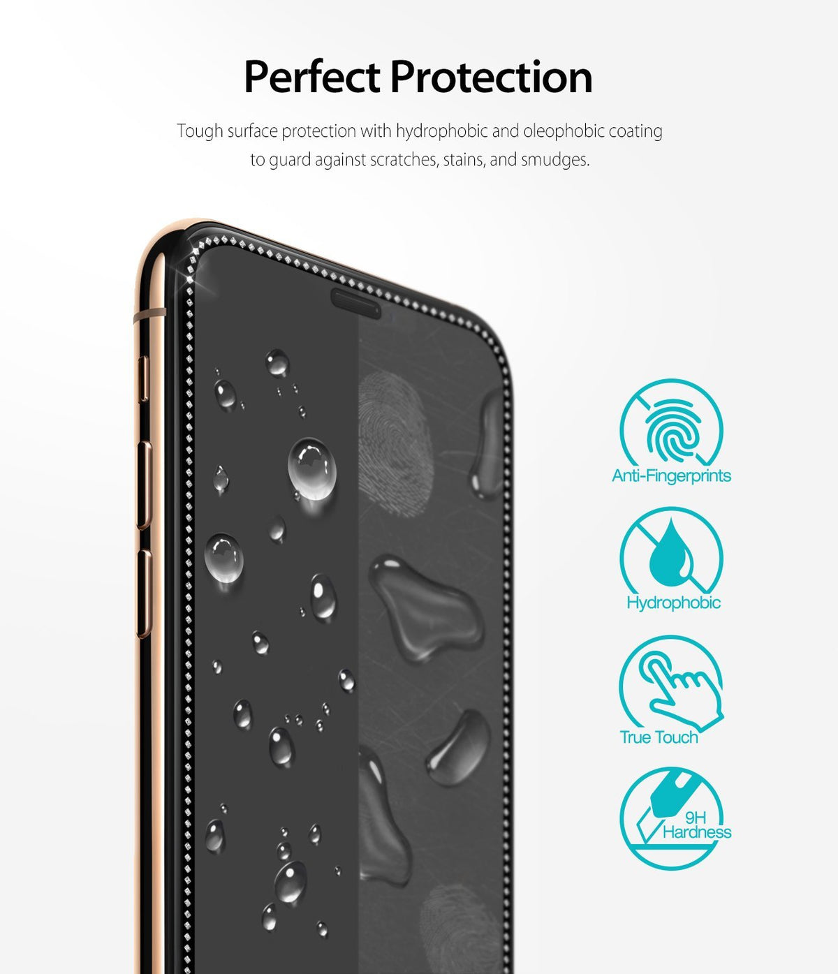 iPhone XS / 11 Pro Screen Protector | Invisible Defender Glass Jewel - iPhone XS / 11 Pro Screen Protector - Jeweled screen protector on phone with water droplets and feature icons.