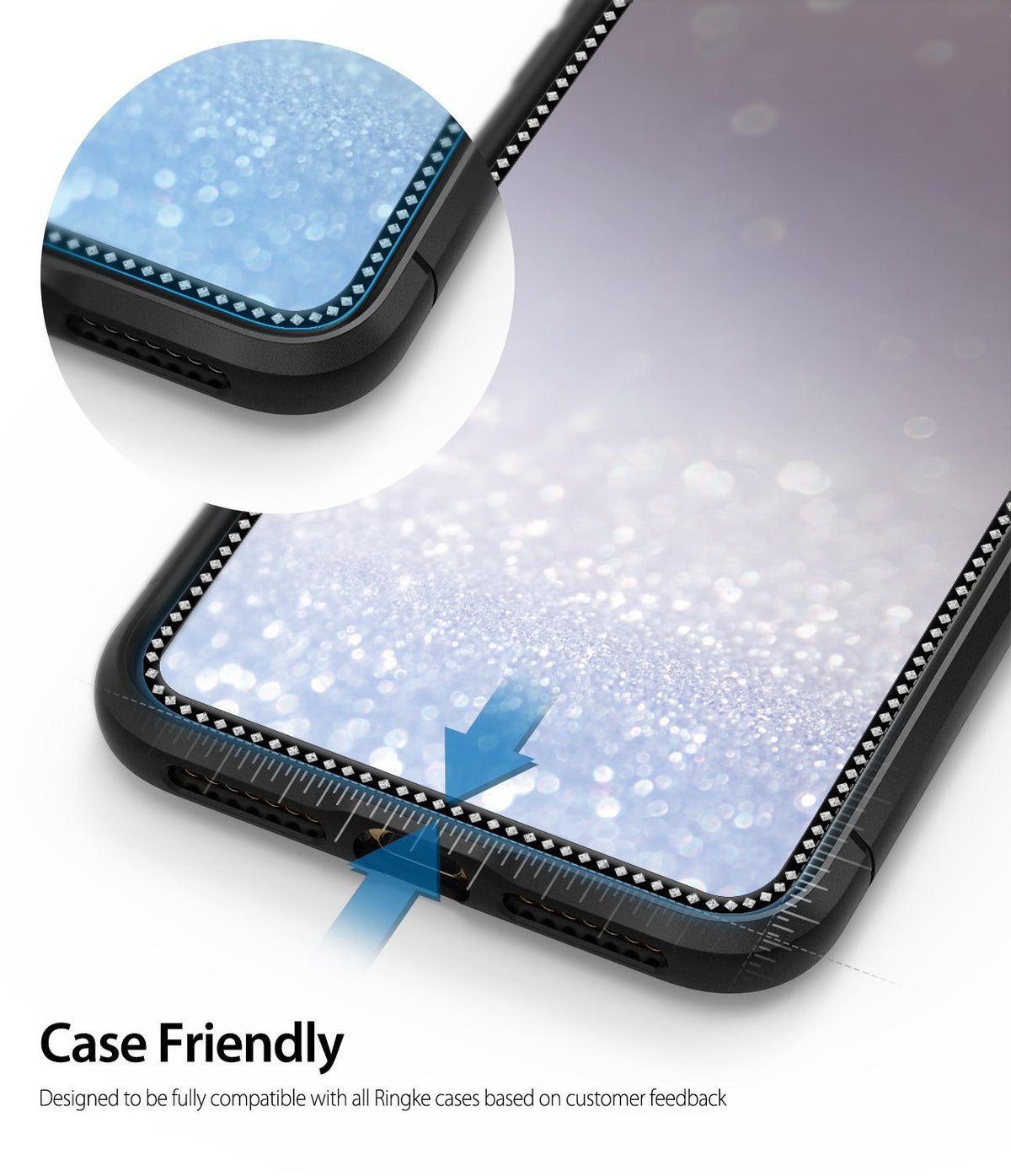iPhone XS / 11 Pro Screen Protector | Invisible Defender Glass Jewel - iPhone XS / 11 Pro Screen Protector - Close-up of a glass screen protector with a diamond-patterned border on a smartphone.