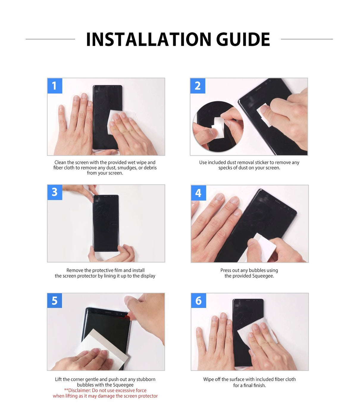 iPhone XS / 11 Pro Screen Protector | Invisible Defender Glass Jewel - iPhone XS / 11 Pro Screen Protector - Six-step visual guide showing hands cleaning, aligning, and applying a screen protector.