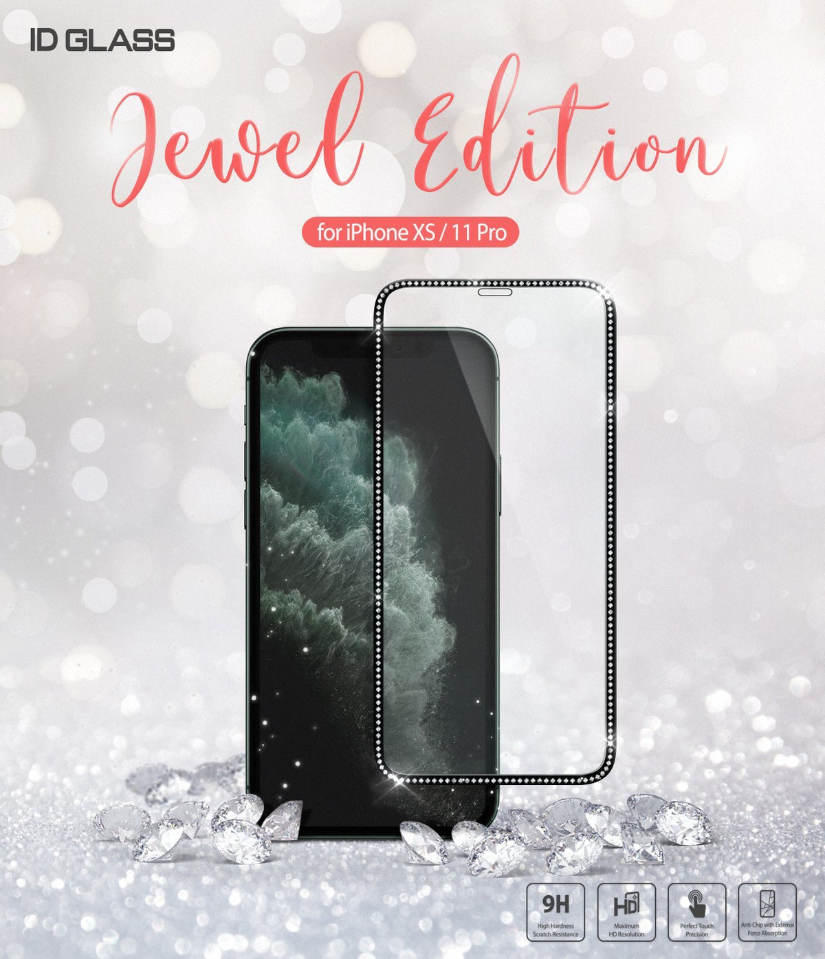 iPhone XS / 11 Pro Screen Protector | Invisible Defender Glass Jewel - iPhone XS / 11 Pro Screen Protector - Jewel-encrusted glass screen protector for iPhone against a sparkly diamond background.