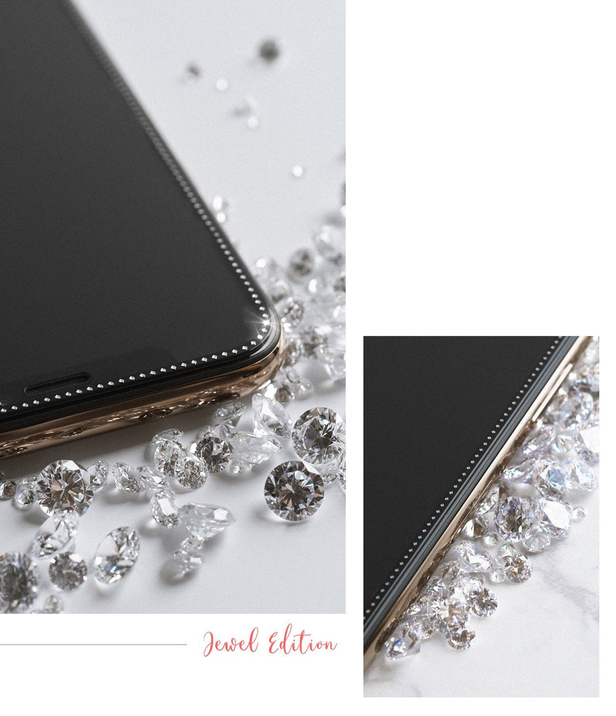 iPhone XS / 11 Pro Screen Protector | Invisible Defender Glass Jewel - iPhone XS / 11 Pro Screen Protector - Black screen protector with a rhinestone-studded edge surrounded by loose diamonds.