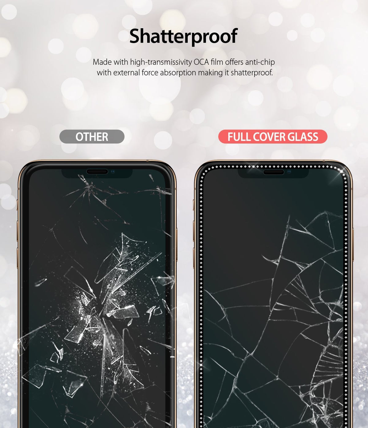 iPhone XS / 11 Pro Screen Protector | Invisible Defender Glass Jewel - Comparison of a shattered phone screen vs. protected.