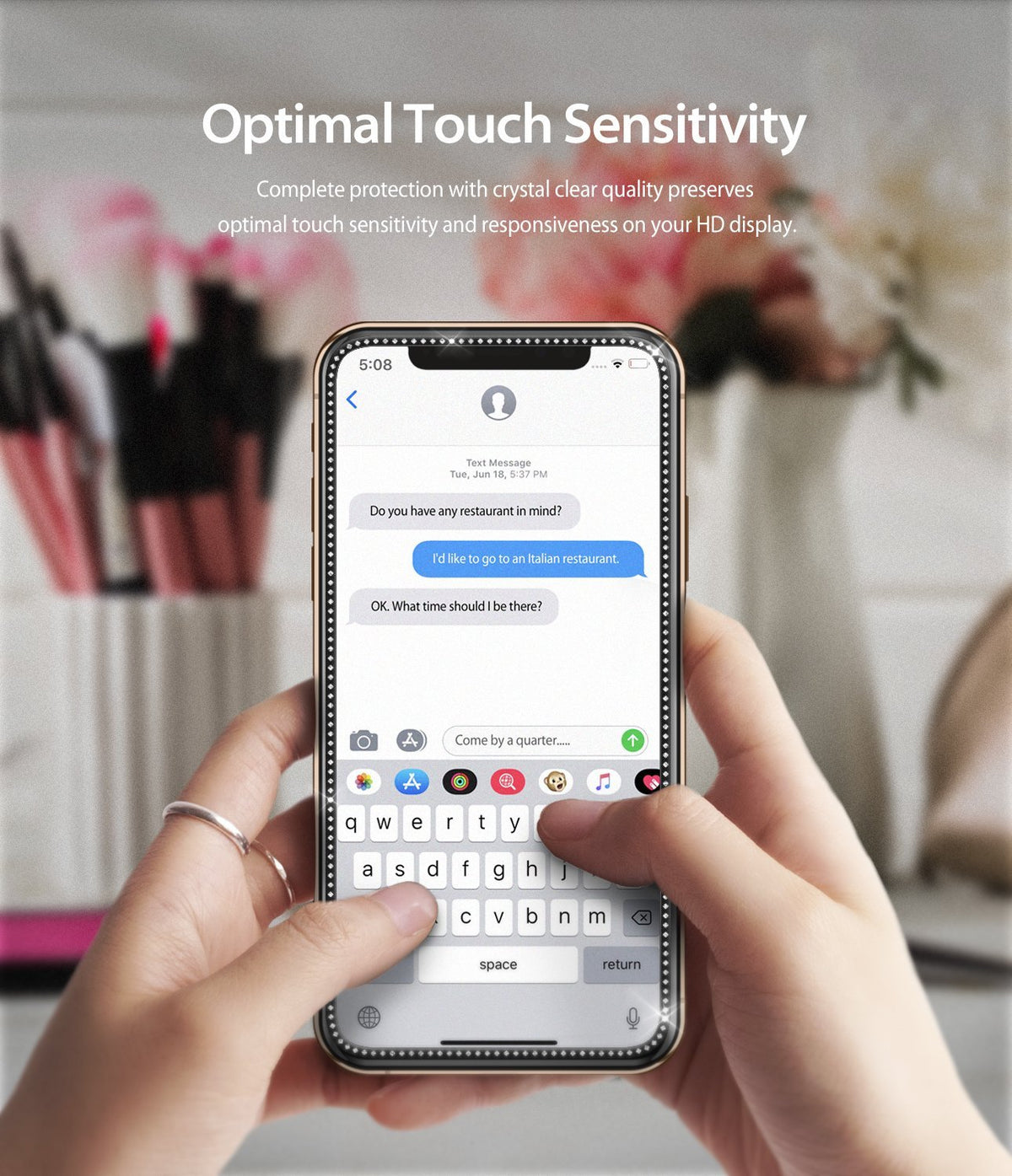 iPhone XS / 11 Pro Screen Protector | Invisible Defender Glass Jewel - iPhone XS / 11 Pro Screen Protector - Hands holding a phone with a jeweled screen protector displaying a text conversation.