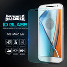 Moto G4 Screen Protector | Glass - Moto G4 Screen Protector - Tempered glass screen protector hovering over a white Moto G4 smartphone with feature icons.