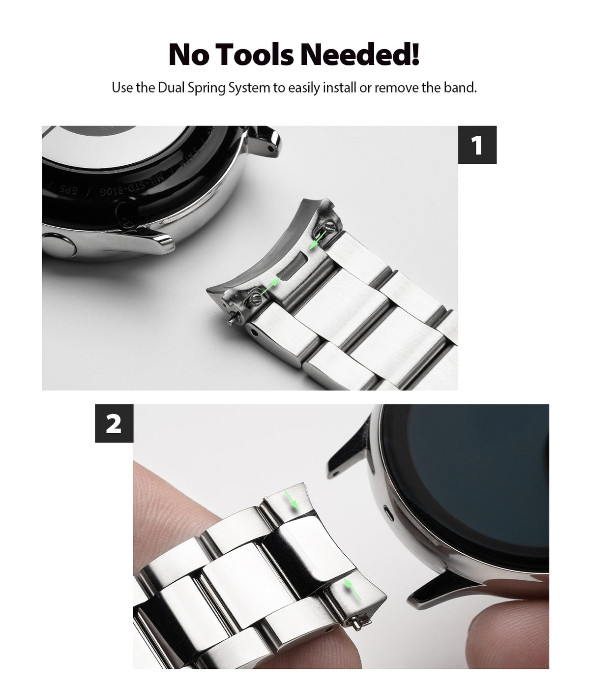 Galaxy Watch Active 2 (40mm) | Metal One Band [Silver] - Two-step guide showing the tool-free dual spring band attachment.