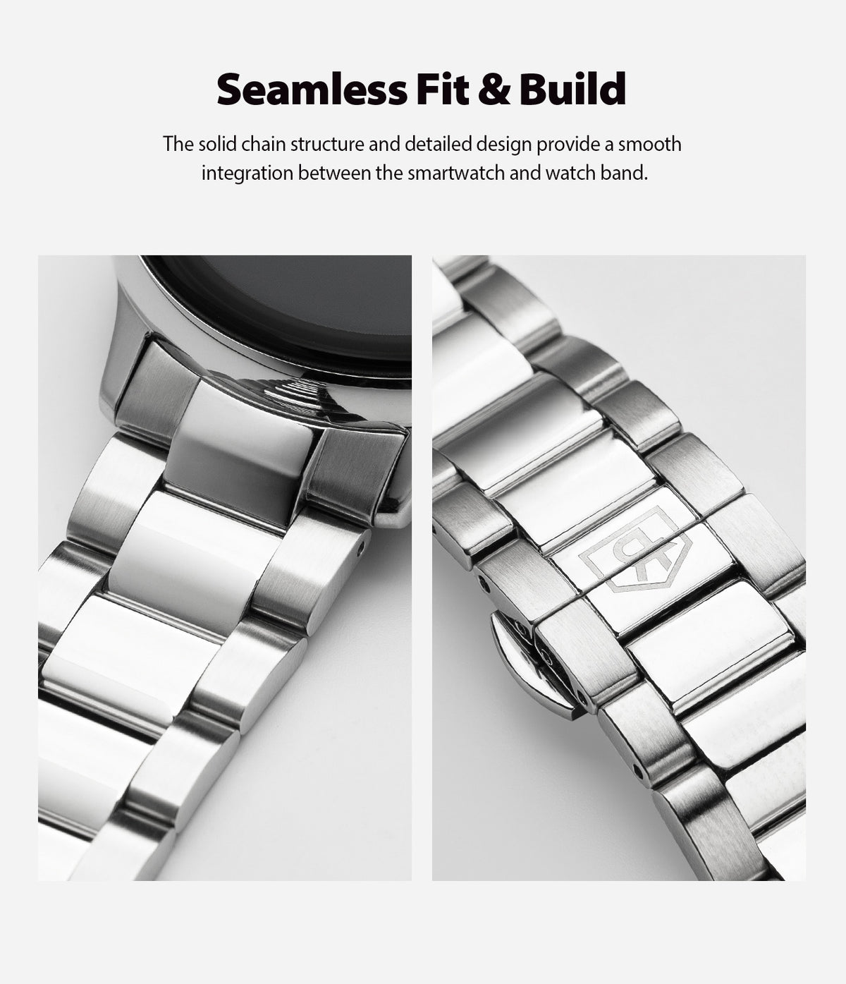 Galaxy Watch Active 2 (40mm) | Metal One Band [Silver] - Close-up of silver metal watch band links and clasp mechanism.