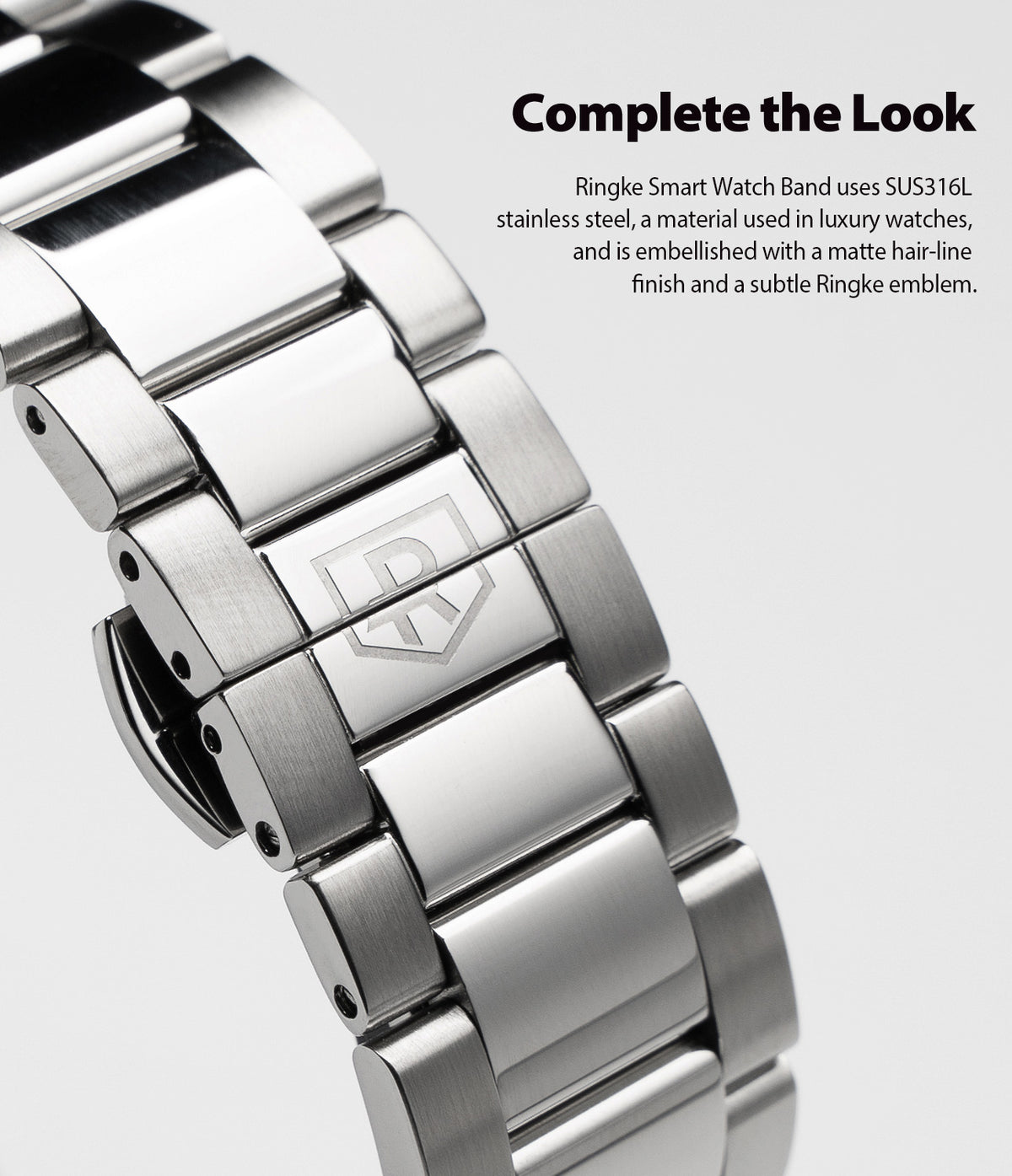 Galaxy Watch Active 2 (40mm) | Metal One Band [Silver] - Close-up of a silver stainless steel watch band with a matte finish and a subtle Ringke logo engraved on a link.