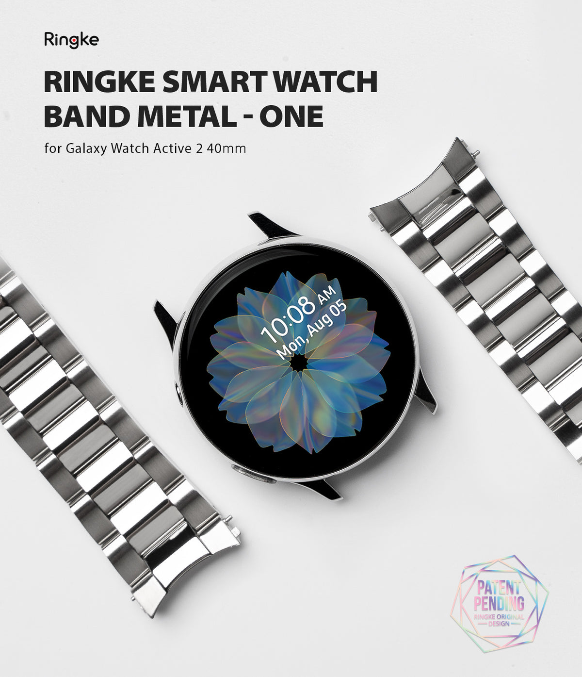 Galaxy Watch Active 2 (40mm) | Metal One Band [Silver] - Silver metal watch band pieces flanking a Galaxy Watch face.