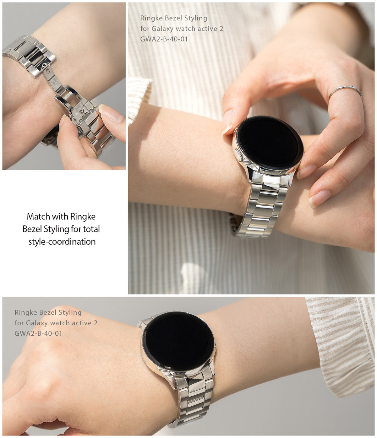 Galaxy Watch Active 2 (40mm) | Metal One Band [Silver] - Silver metal link watch band on a Galaxy Watch Active 2.