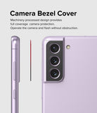 Galaxy S21 FE | Camera Styling - A black camera bezel cover being applied to a light purple Galaxy S21 FE smartphone.
