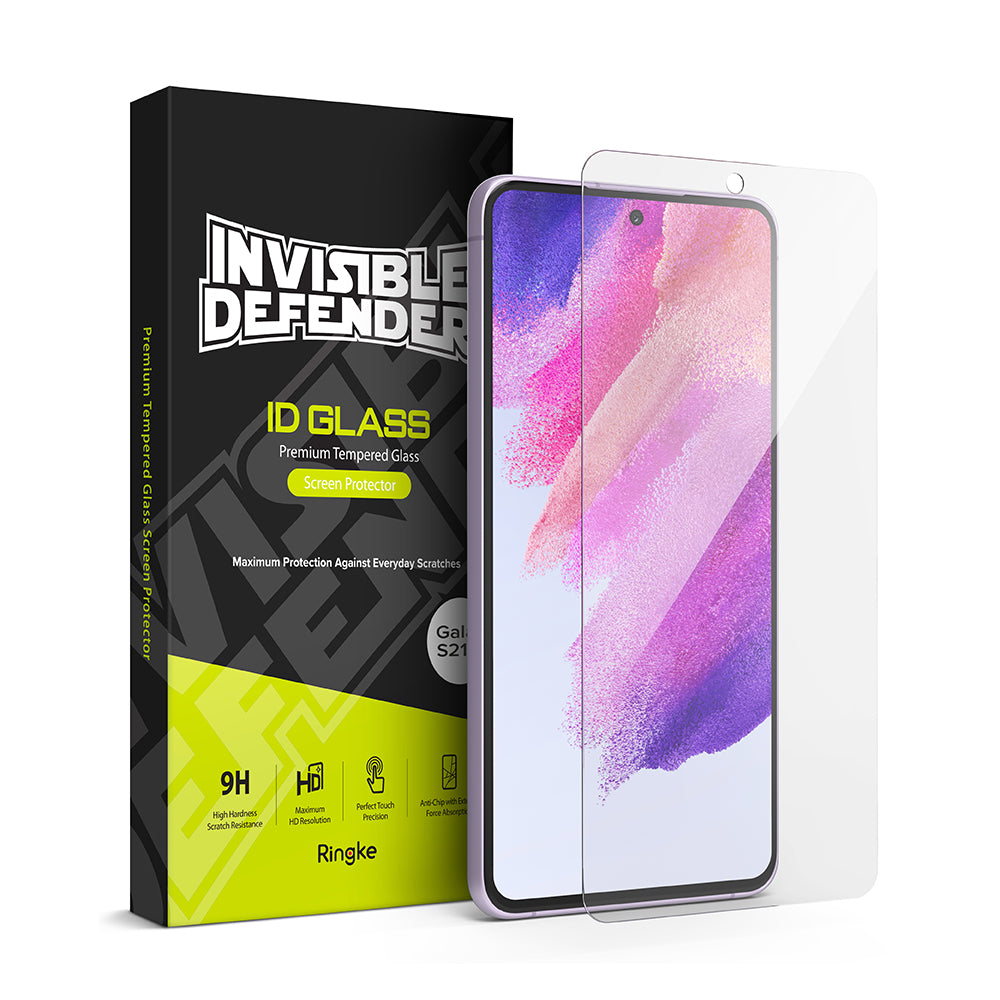 Galaxy S21 FE Screen Protector | Invisible Defender Glass - Galaxy S21 FE Screen Protector - Invisible Defender tempered glass screen protector next to its branded product box.
