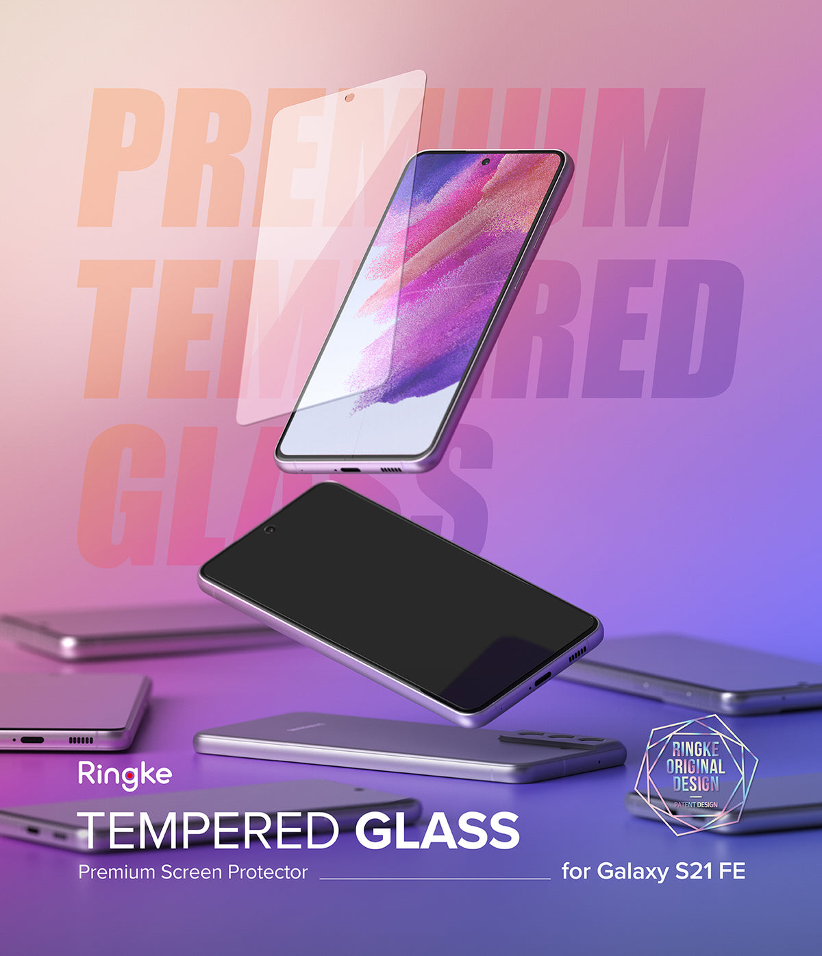 Galaxy S21 FE Screen Protector | Invisible Defender Glass - Galaxy S21 FE Screen Protector - A Galaxy S21 FE phone and a tempered glass screen protector floating over a purple surface.