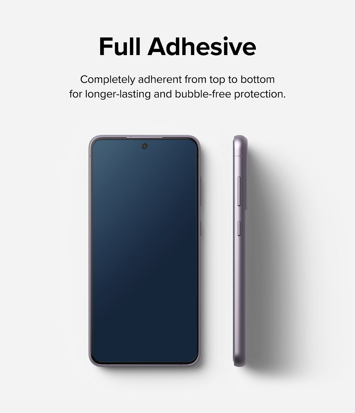 Galaxy S21 FE Screen Protector | Invisible Defender Glass - Galaxy S21 FE Screen Protector - Front and side views of a purple smartphone with a full-adhesive screen protector applied.
