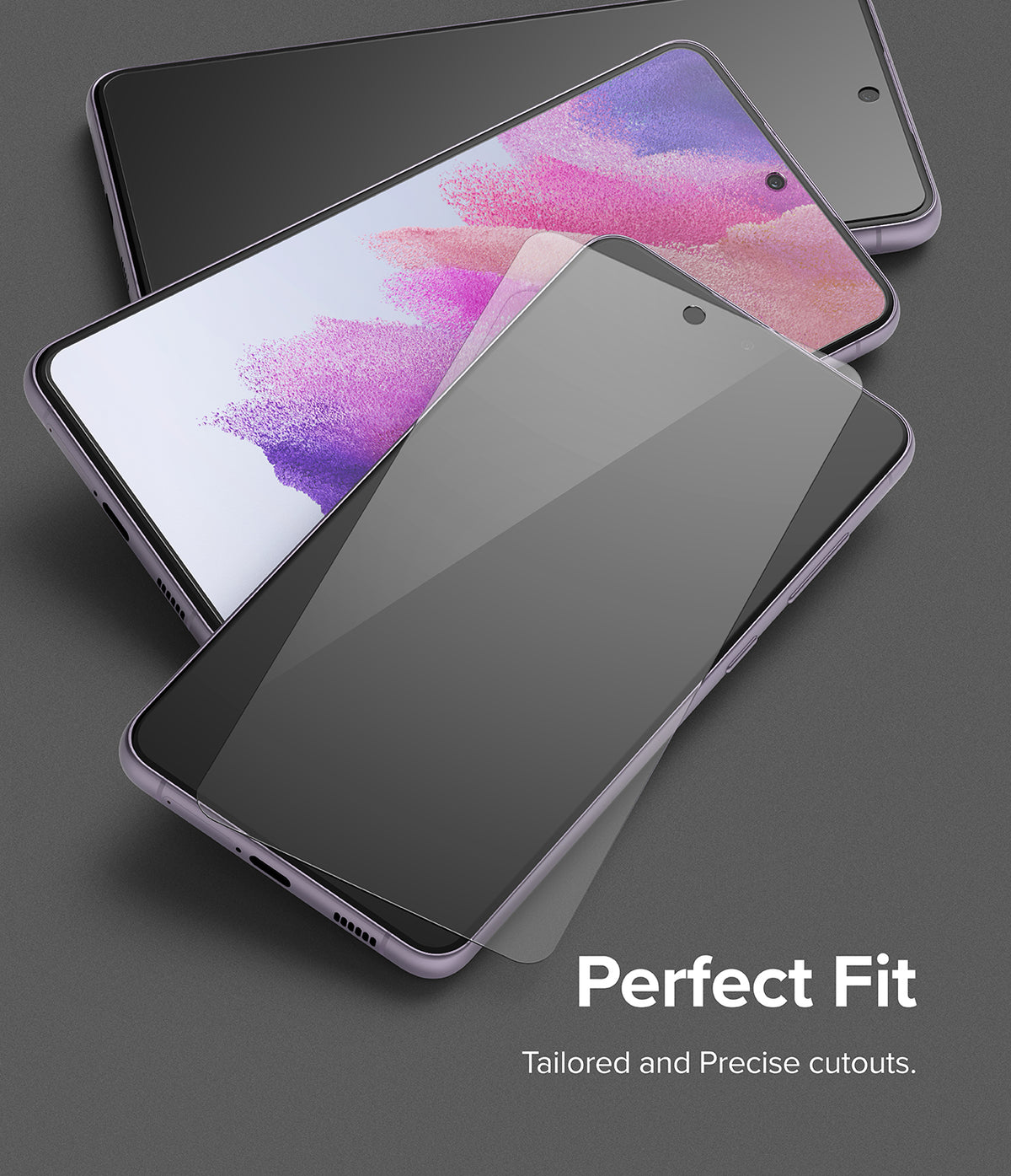Galaxy S21 FE Screen Protector | Invisible Defender Glass - Galaxy S21 FE Screen Protector - Transparent glass protector hovering over a Galaxy S21 FE smartphone on a gray background.