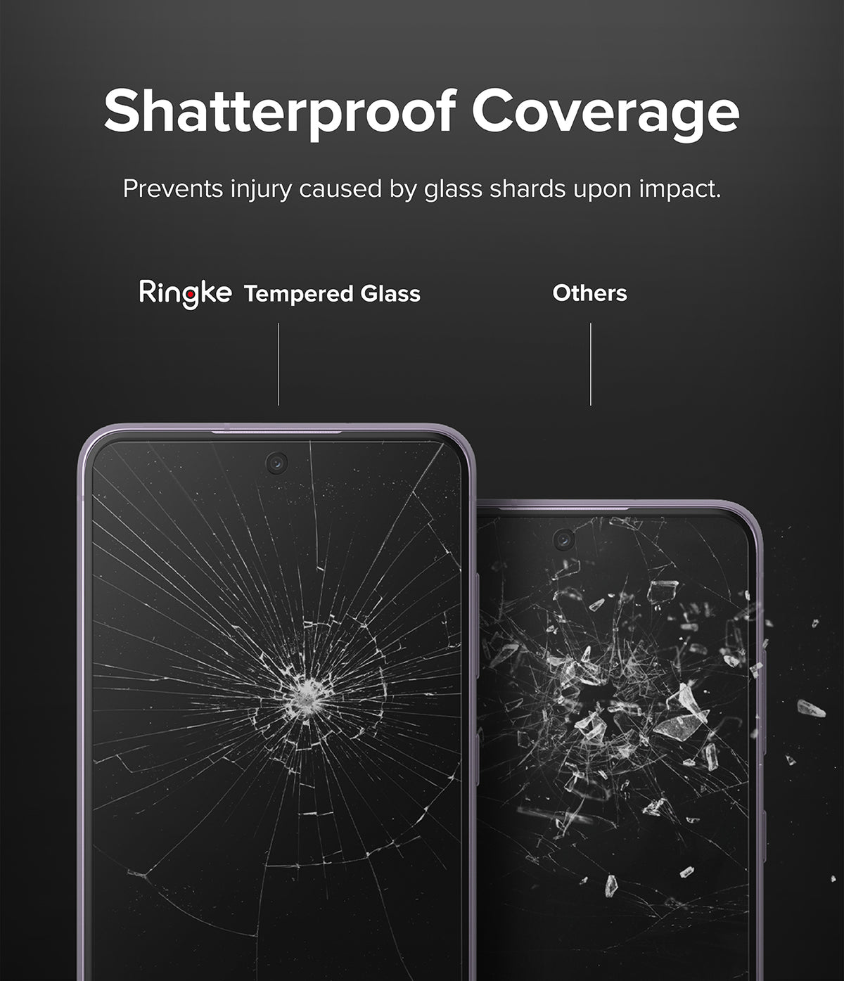 Galaxy S21 FE Screen Protector | Invisible Defender Glass - Galaxy S21 FE Screen Protector - Comparison showing Ringke glass staying intact versus shattered glass on another brand.