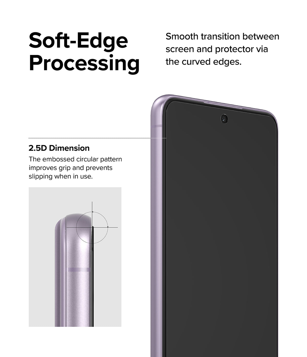 Galaxy S21 FE Screen Protector | Invisible Defender Glass - Galaxy S21 FE Screen Protector - Close-up of a phone with a screen protector highlighting soft, curved edges and grip.