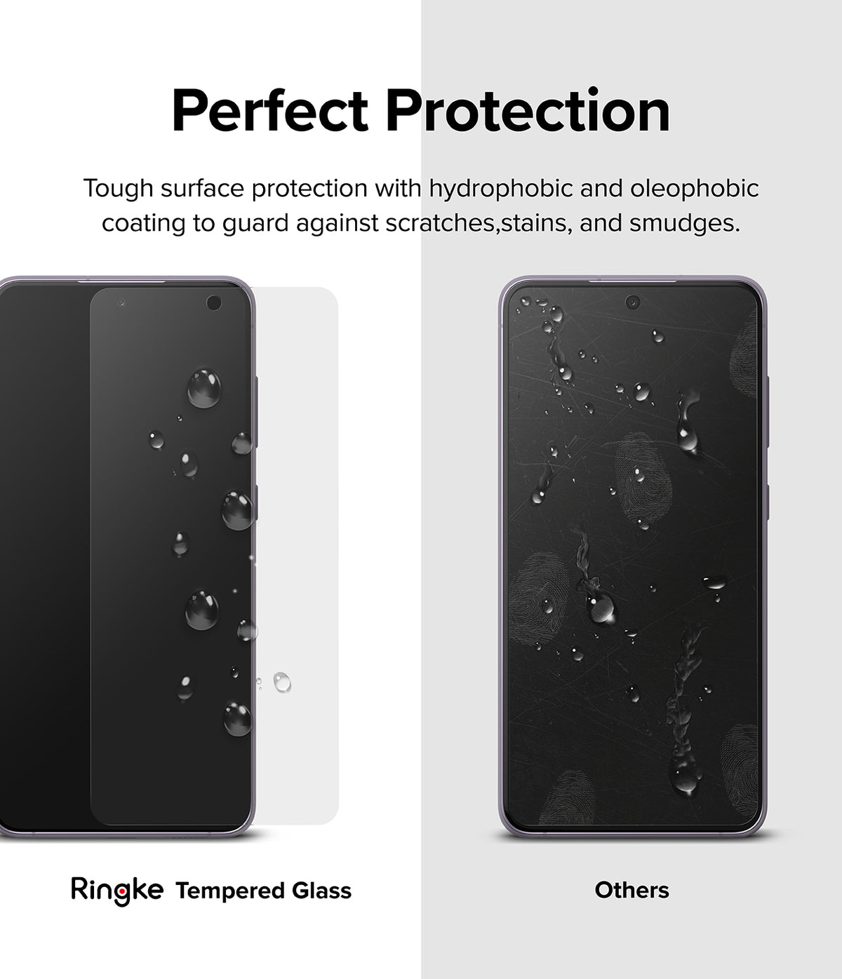 Galaxy S21 FE Screen Protector | Invisible Defender Glass - Galaxy S21 FE Screen Protector - Comparison showing water beading on Ringke glass versus smudges on a standard screen.