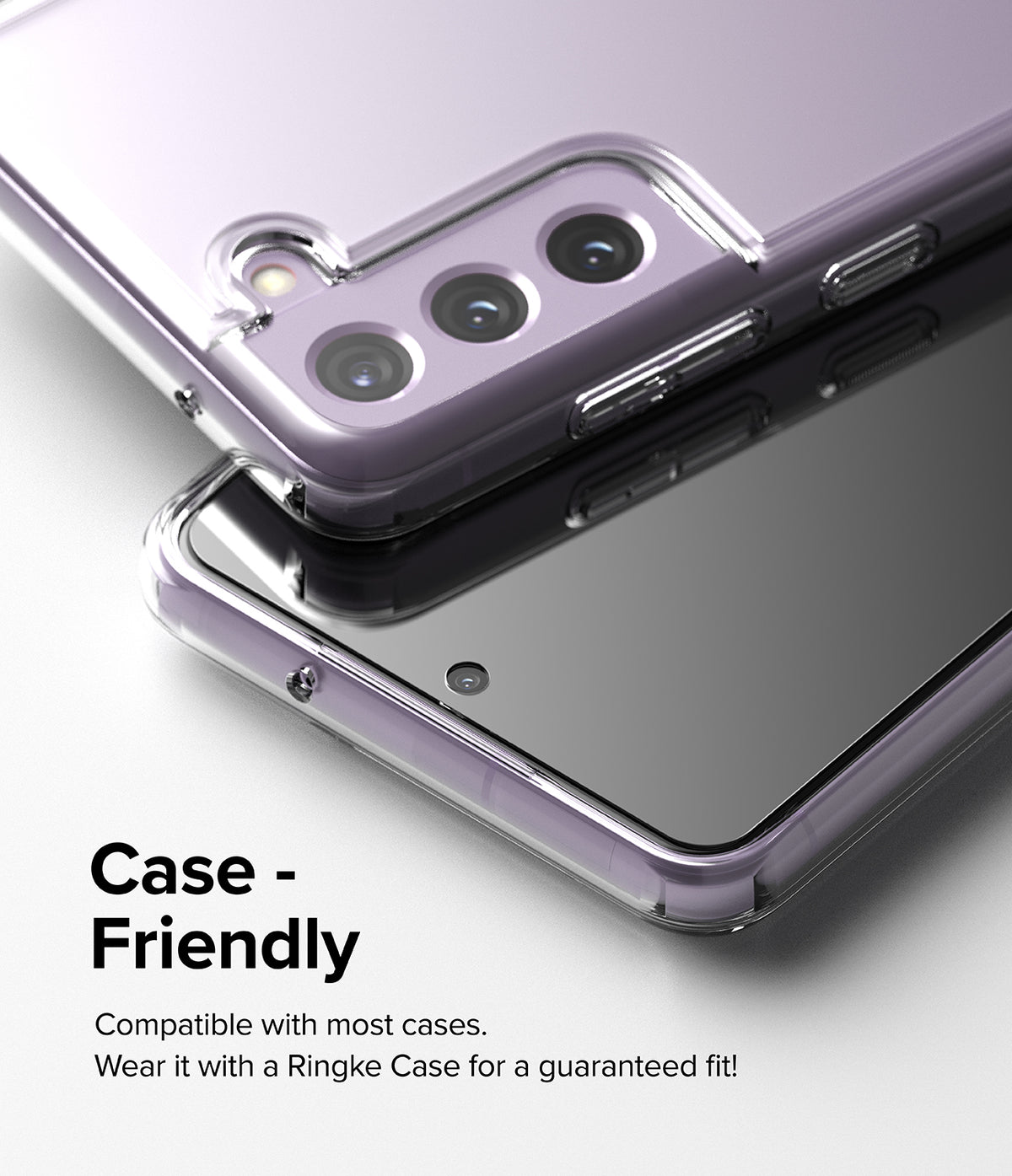 Galaxy S21 FE Screen Protector | Invisible Defender Glass - Galaxy S21 FE Screen Protector - A lavender smartphone in a clear case with a screen protector applied.