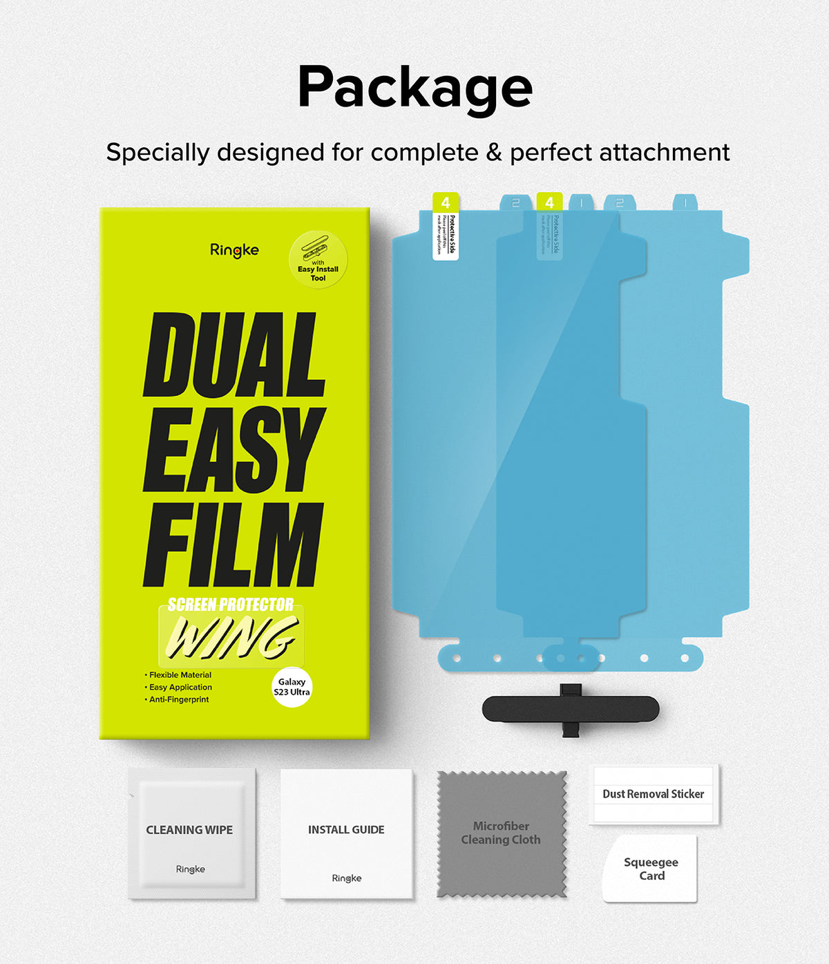 Galaxy S23 Ultra Screen Protector | Dual Easy Film Wing [2 Pack] - Galaxy S23 Ultra Screen Protector - Box, two blue film protectors, squeegee, cleaning wipe, cloth, and installation tools.