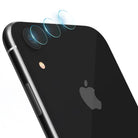 iPhone XR Camera Protector Glass [3 Pack] - Three transparent glass lens protectors hovering above an iPhone XR camera.