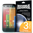 Moto G 2013 (1st Gen.) Screen Protector | Film - Moto G smartphone next to a 3-pack Invisible Defender screen protector.