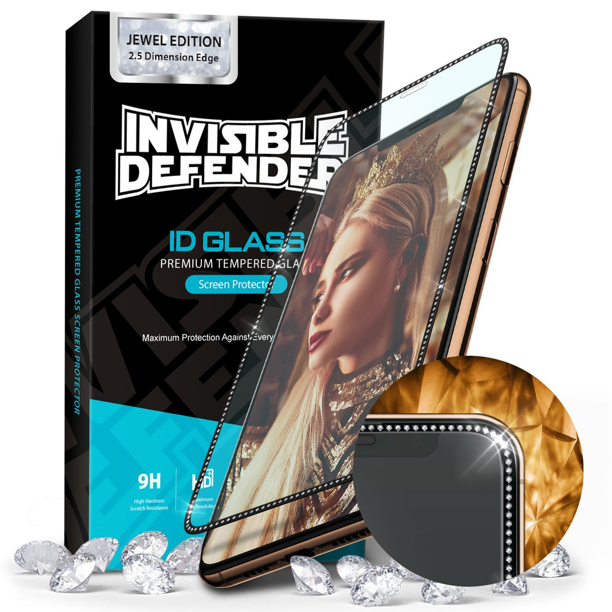 iPhone XS / 11 Pro Screen Protector | Invisible Defender Glass Jewel - iPhone XS / 11 Pro Screen Protector - Rhinestone-bordered glass screen protector on a gold smartphone with product box.