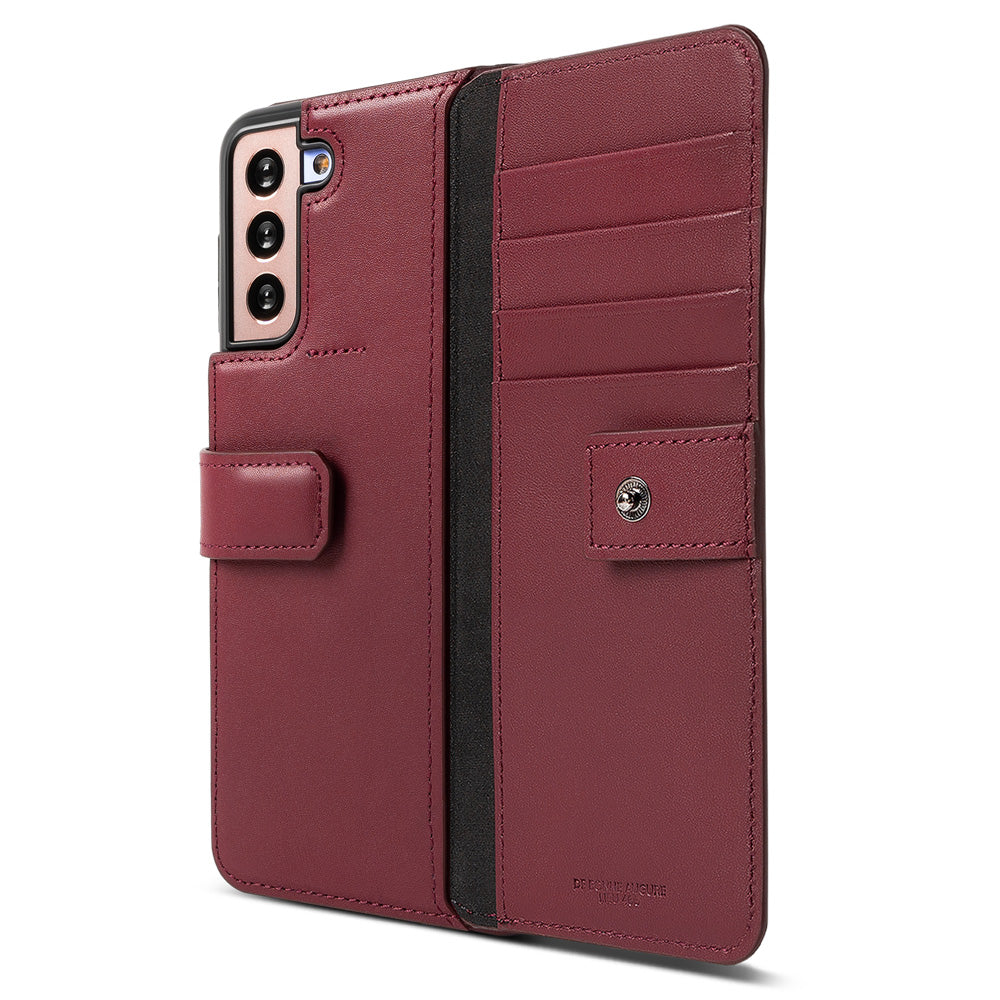 Galaxy S21 Plus Case | Folio Signature+ - Maroon leather wallet case with card slots, magnetic strap, and camera cutout.