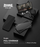 iPhone 12 Pro Max Screen Protector | Invisible Defender Glass - iPhones, earbuds, and glass screen protectors on blocks.